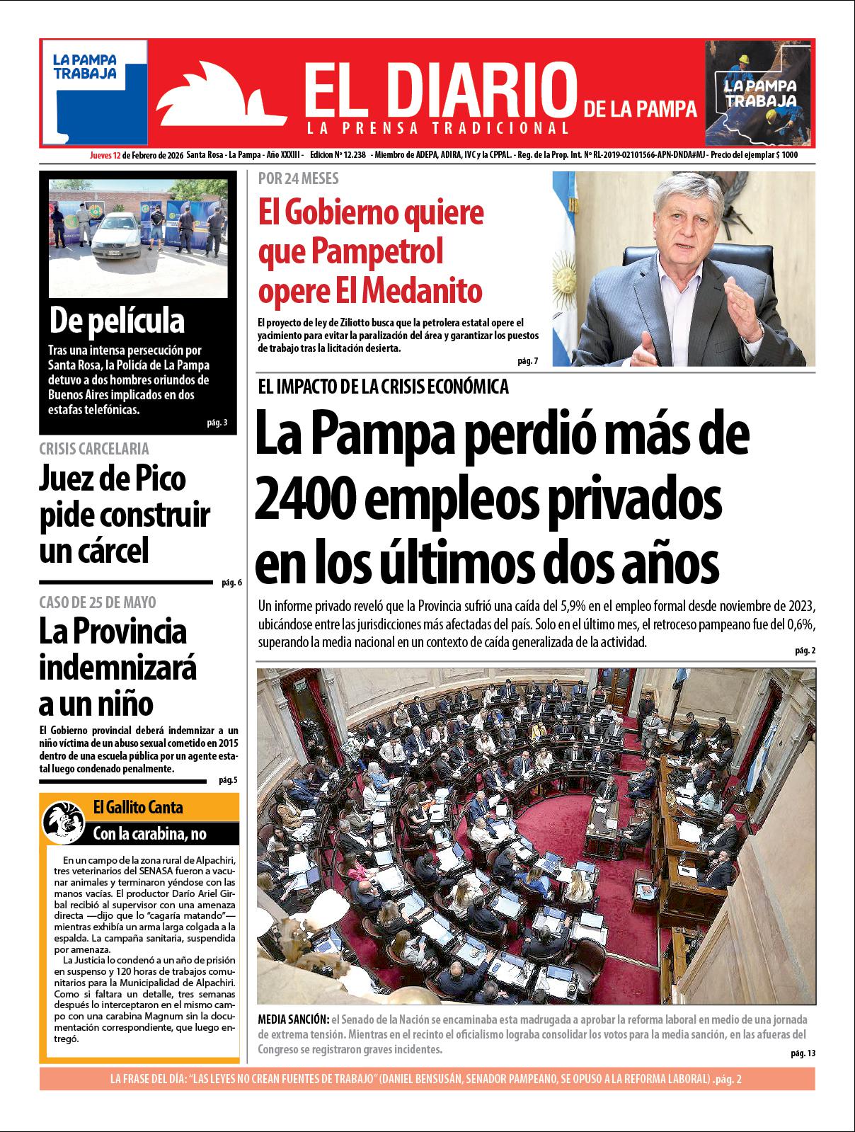 Tapa de El Diario en papel  jueves 12 de febrero de 2026